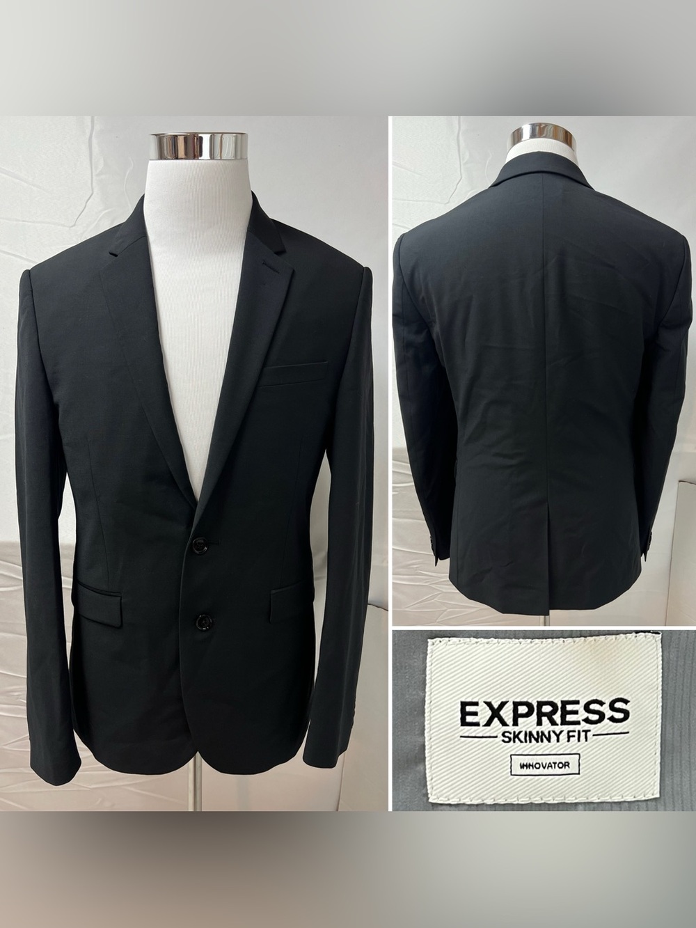 Express Men’s 38R Innovator Skinny Fit Slim Black Stretch Wool Blazer Jacket